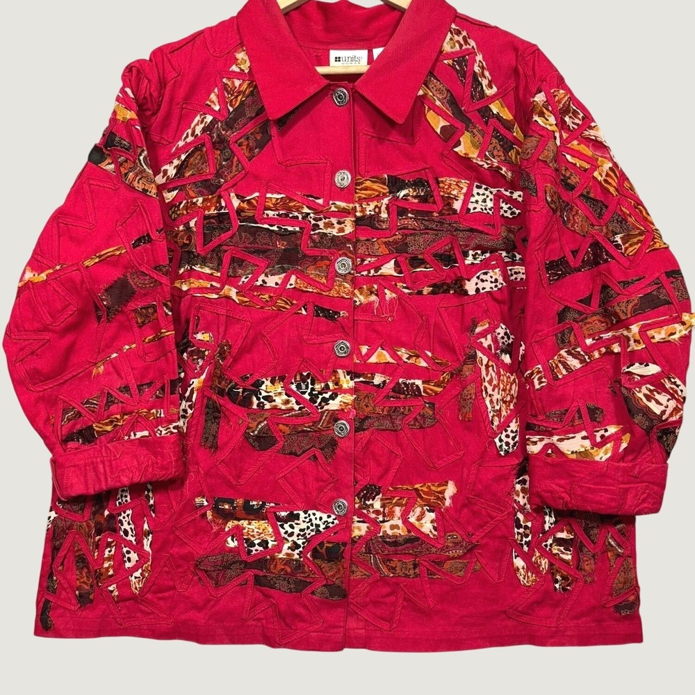 Units Woman Shirt Jacket Womens 2X Cotton Animal Print Mixed Media Art to Wear